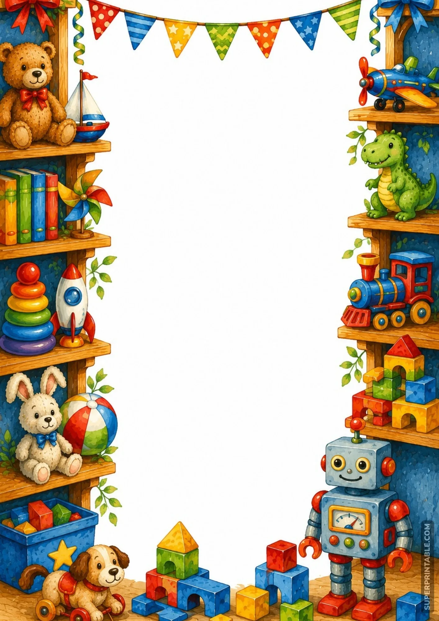 Colorful page frame featuring a grey toy robot and a wooden pull-along puppy dog.