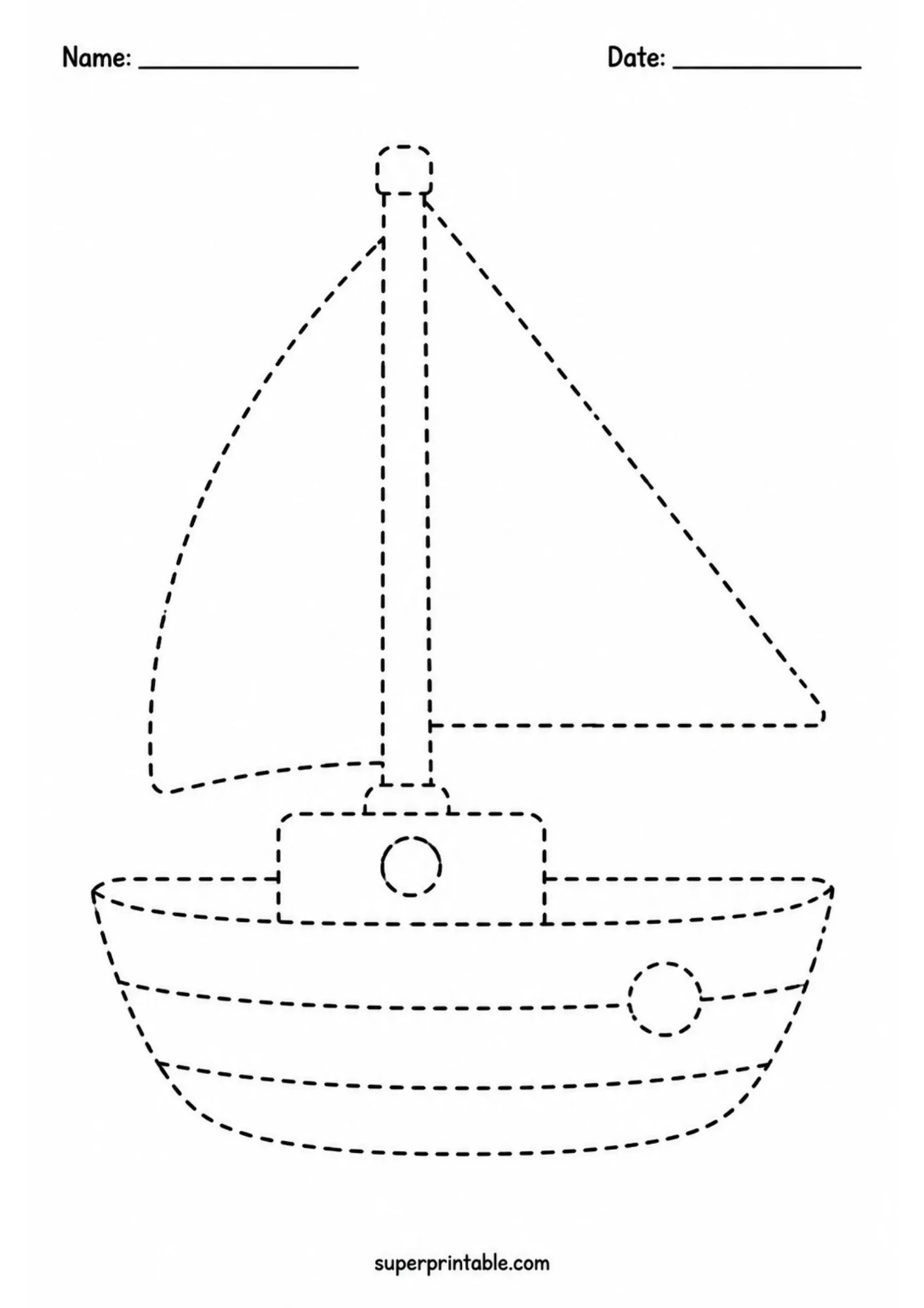 Toy sailboat tracing page with two sails, a tall mast, curved hull, cabin, and round details