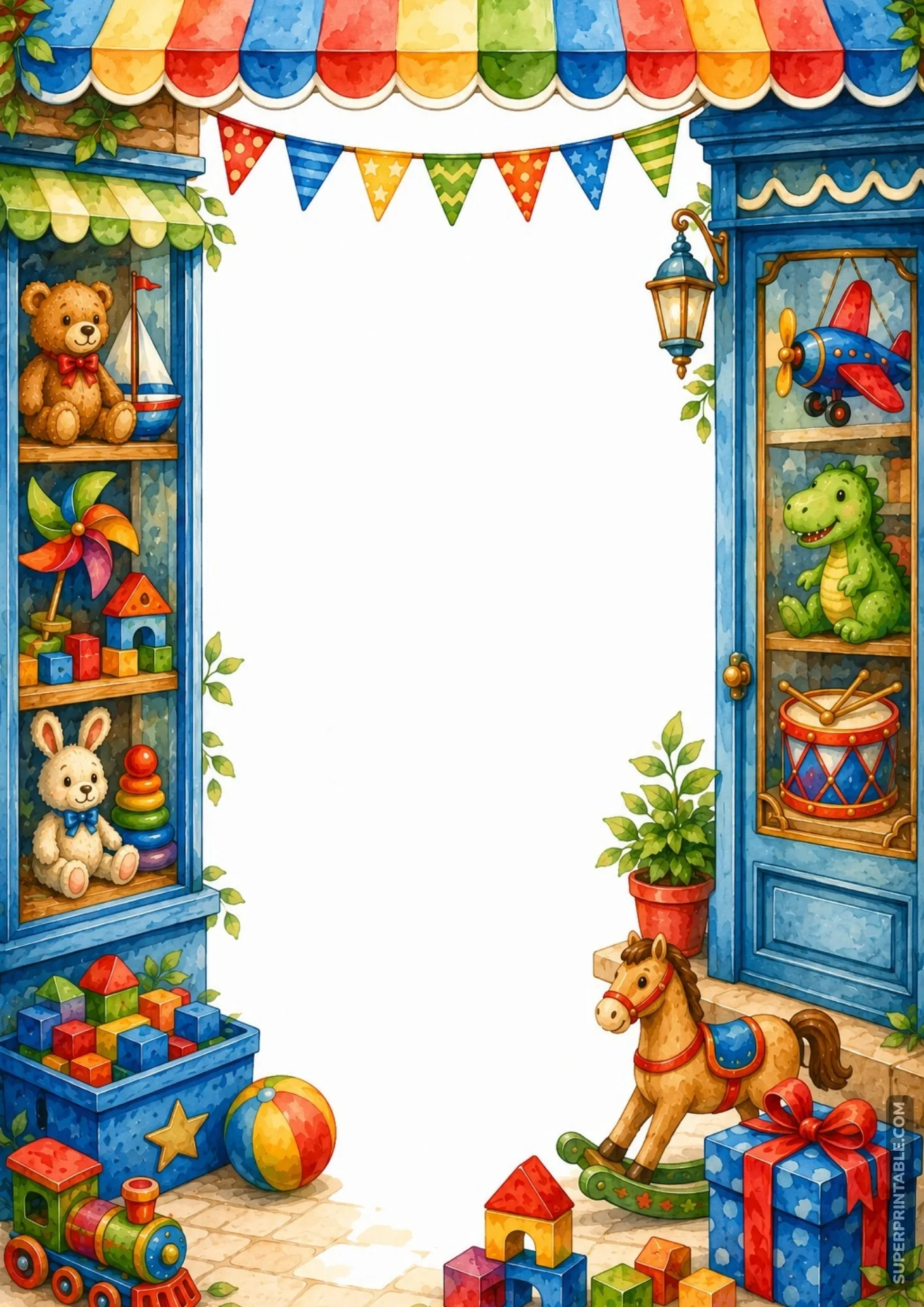 Vibrant toy store border pages showing a colorful shop storefront and display windows.