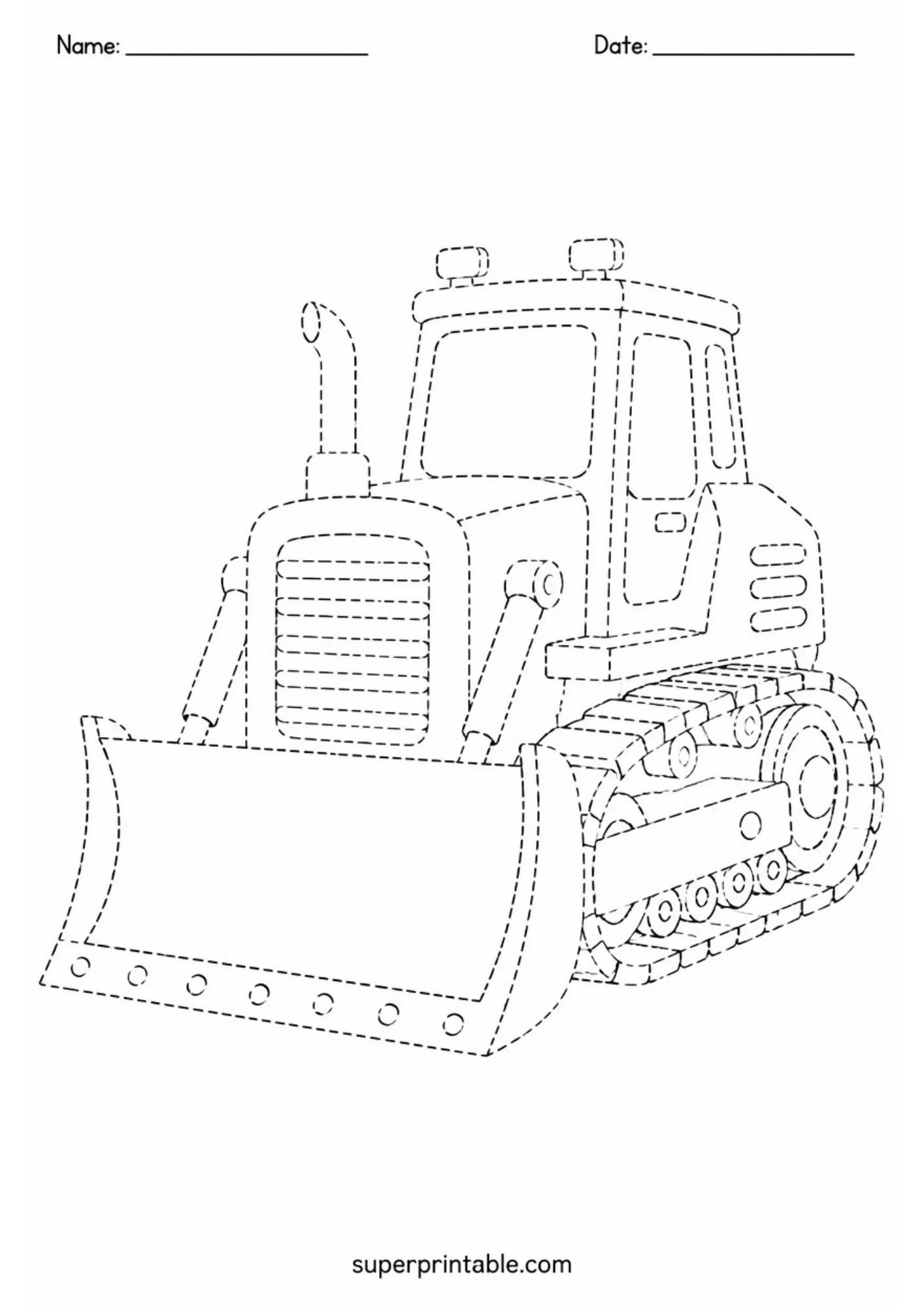 Detailed heavy bulldozer line tracing worksheet for preschool fine motor skills practice.