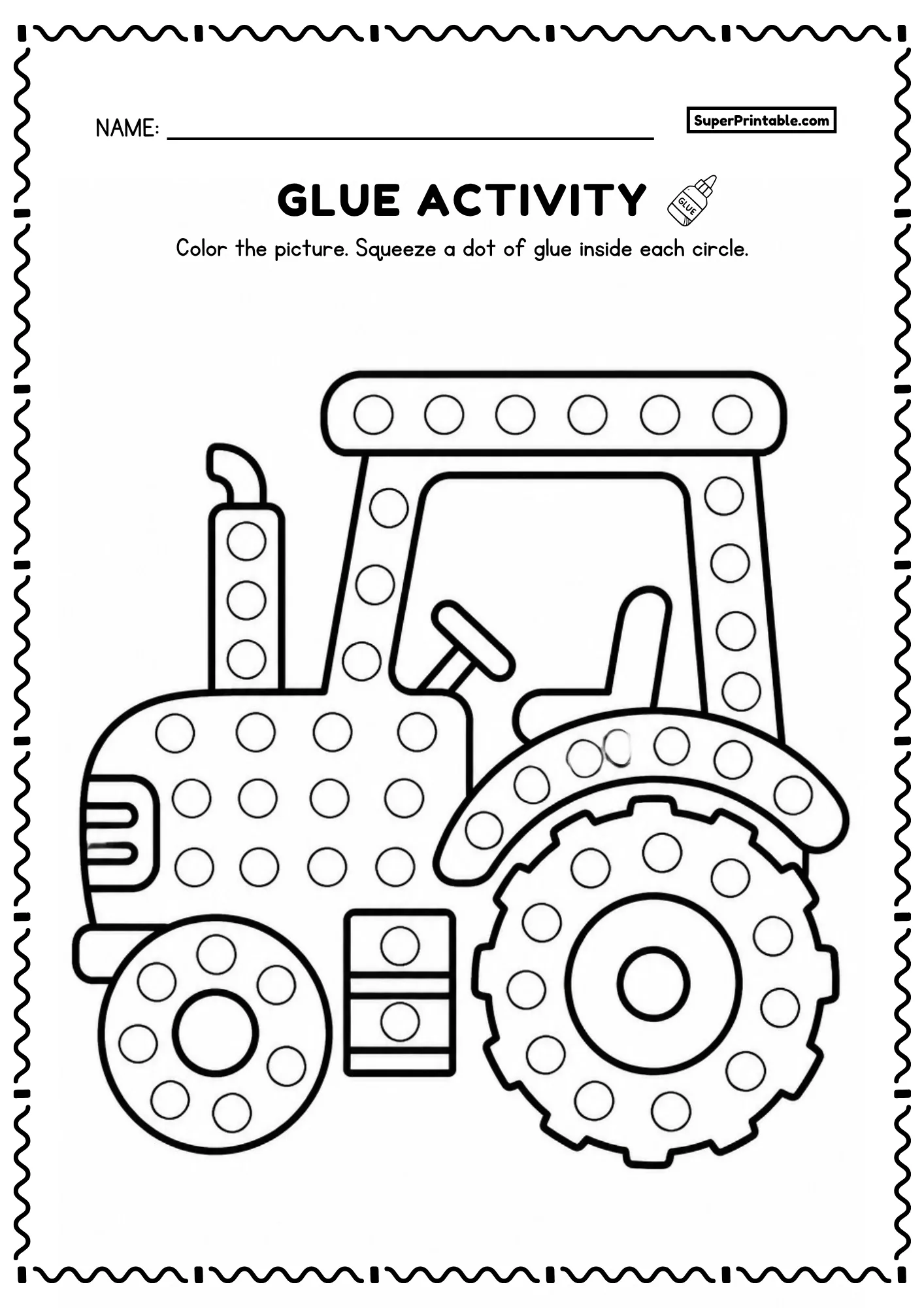 Dot glue farm worksheet featuring a large cartoon tractor with big wheels and dot circles for kids
