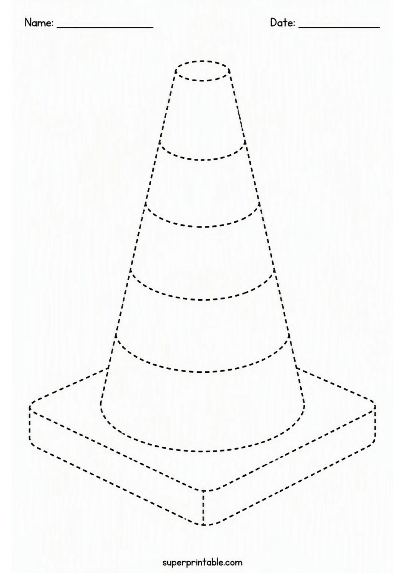 Printable traffic safety cone outline tracing worksheet for early childhood writing practice.