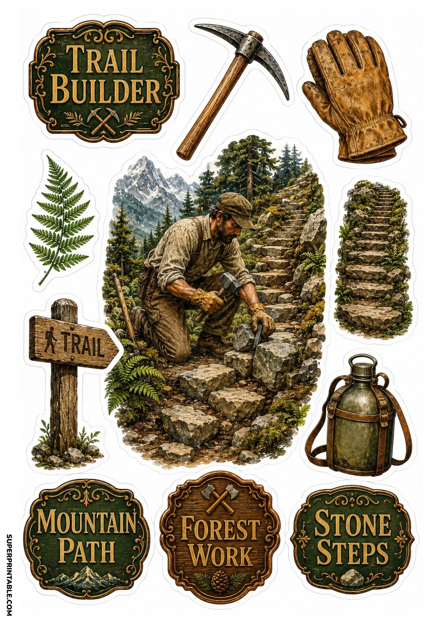 Trail builder sticker sheet showing a worker building stone steps, pickaxe, leather gloves, trail marker sign, canteen, and forest work badges.