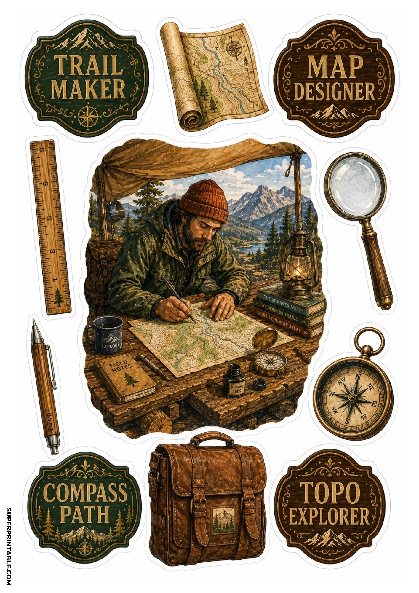 Topographic map maker sticker sheet featuring an explorer drawing maps, rolled topo map, compass, magnifying glass, ruler, and cartography badges.