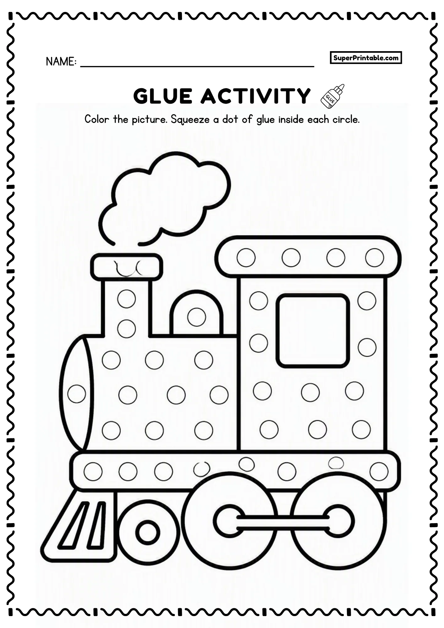 Steam train glue activity worksheet with circle targets for preschool fine motor practice