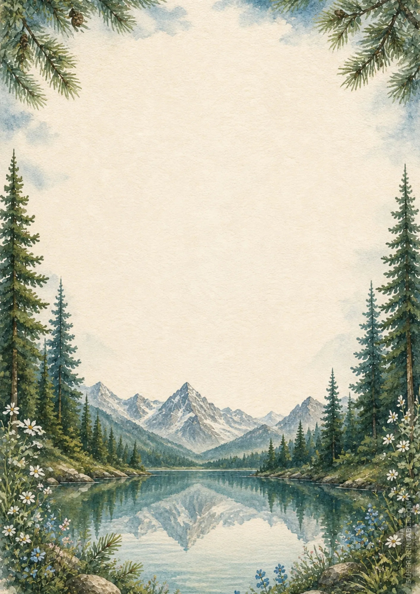 Alpine lake paper border showing mountain reflections, pine trees, and white daisy wildflowers.
