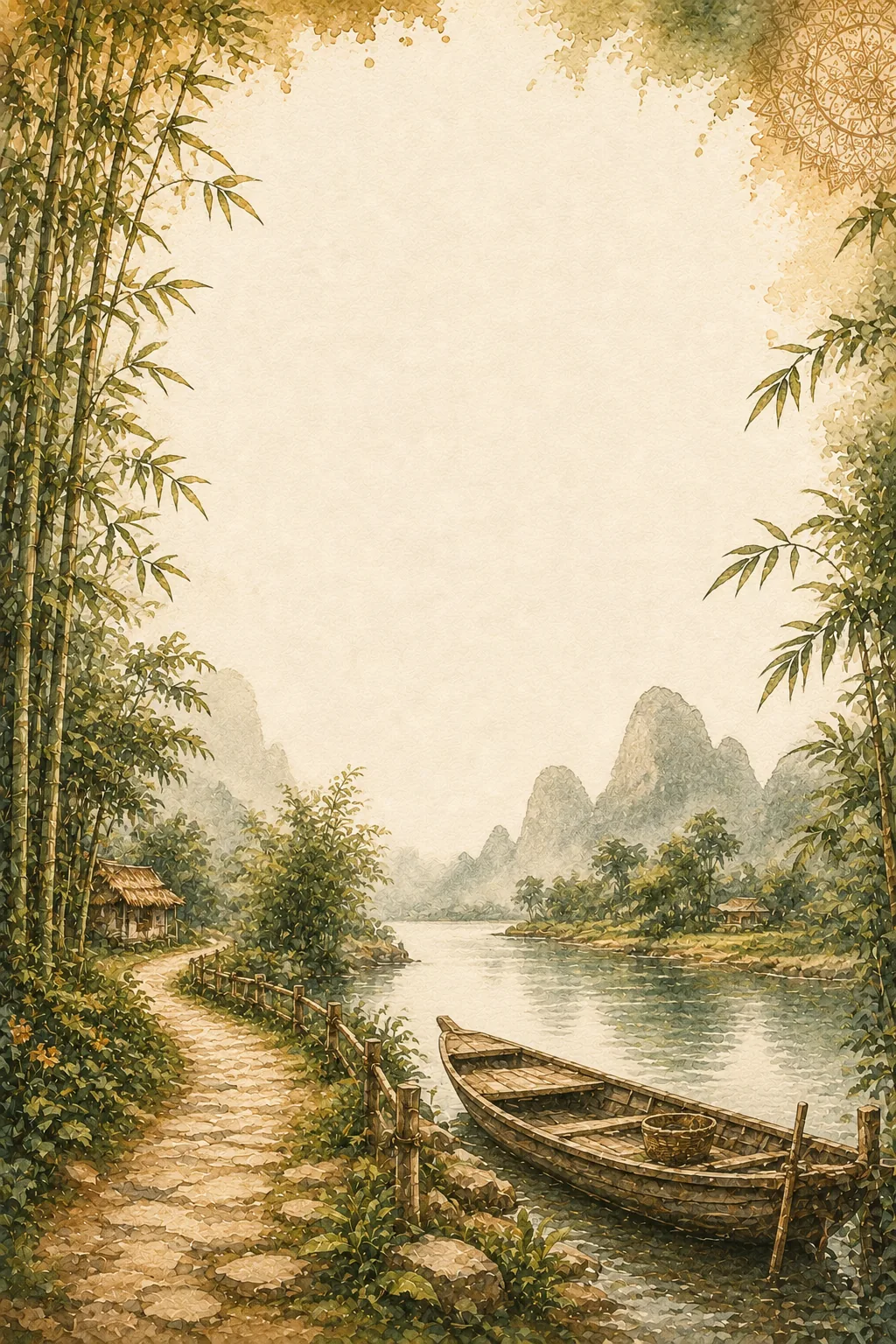 Serene watercolor page border with dense bamboo stalks and a wooden boat moored by a tranquil riverbank.