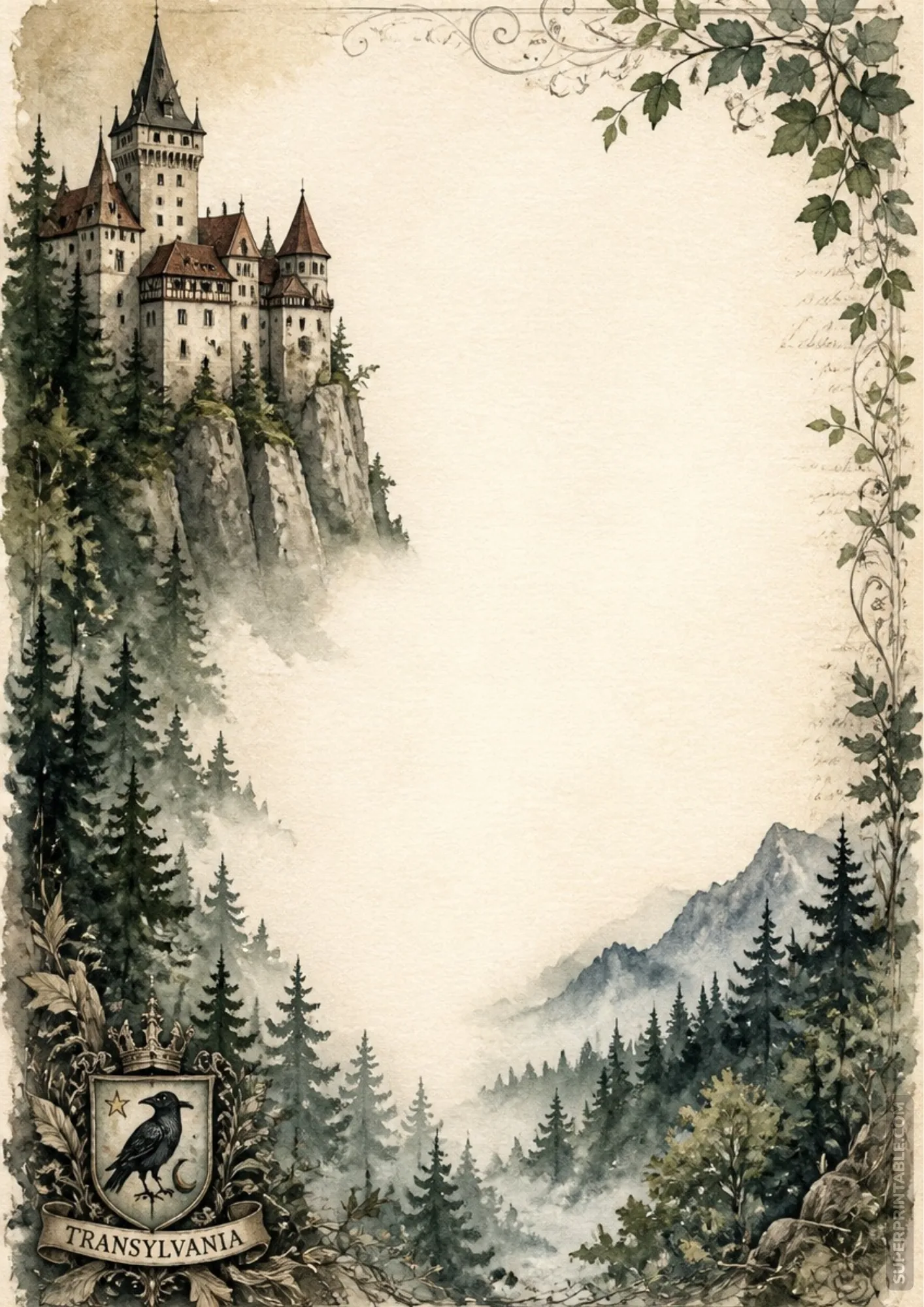 Transylvania Bran castle watercolor border page with misty pine forest and raven heraldic crest