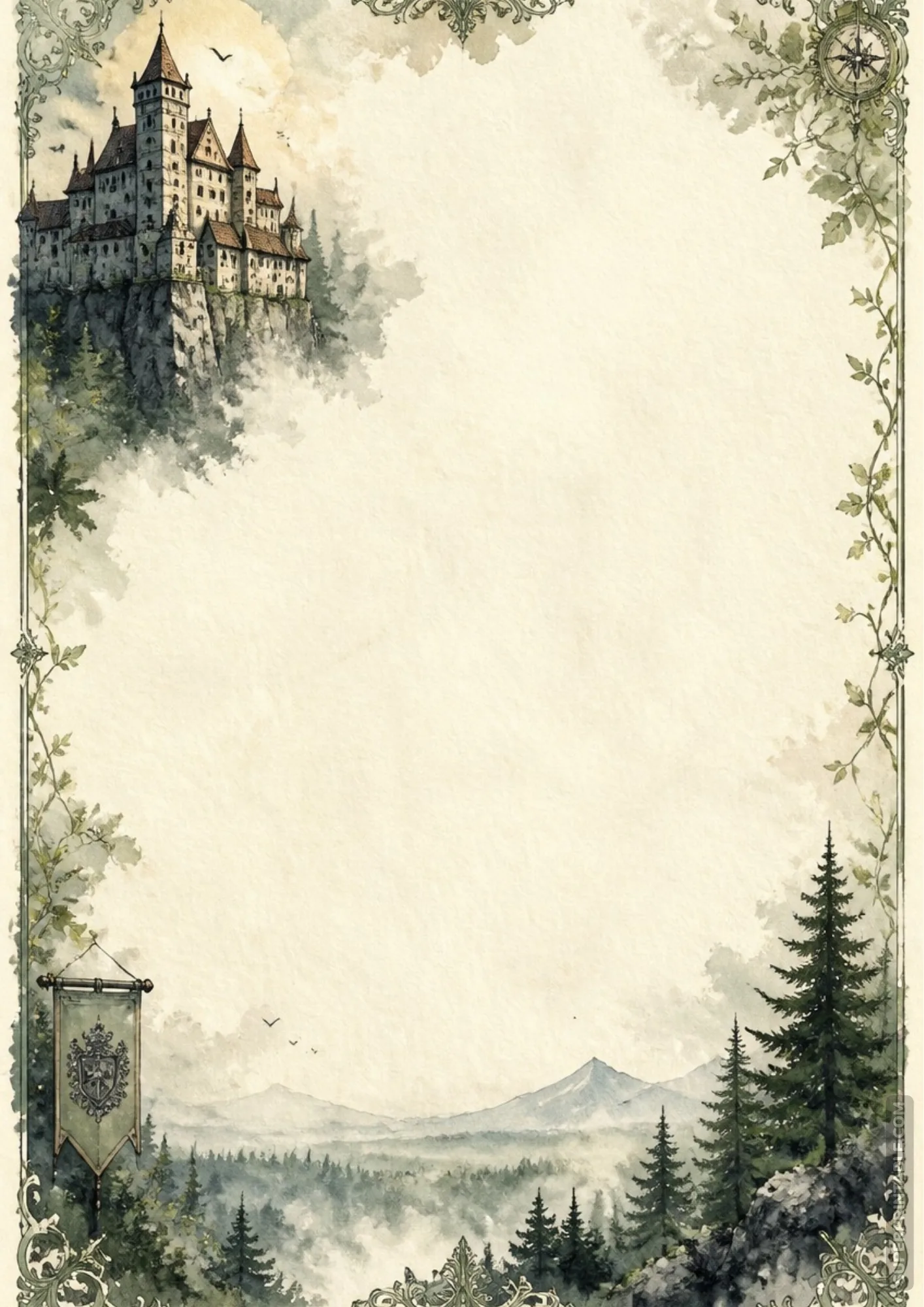 Gothic castle in Transylvania watercolor writing paper with misty mountain pine foliage frame