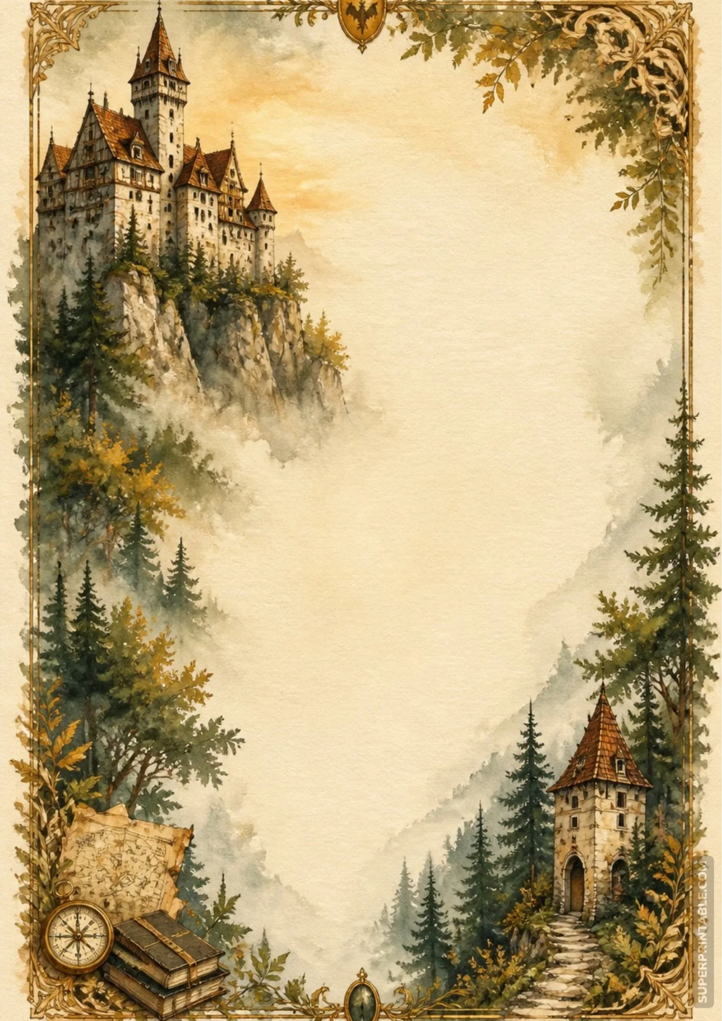 Transylvania castle watercolor stationery page with stone watchtower, old map, and compass corner