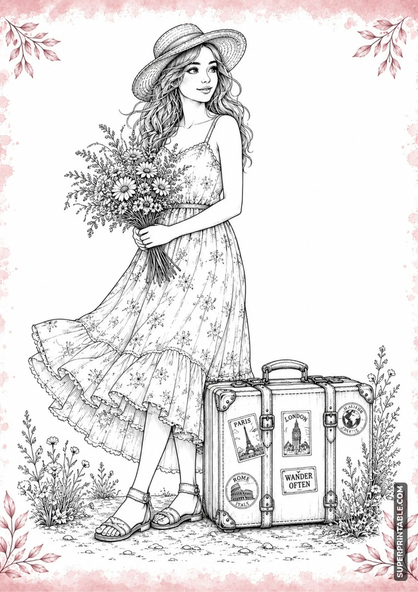 Traveler wearing a hat and standing beside a vintage suitcase