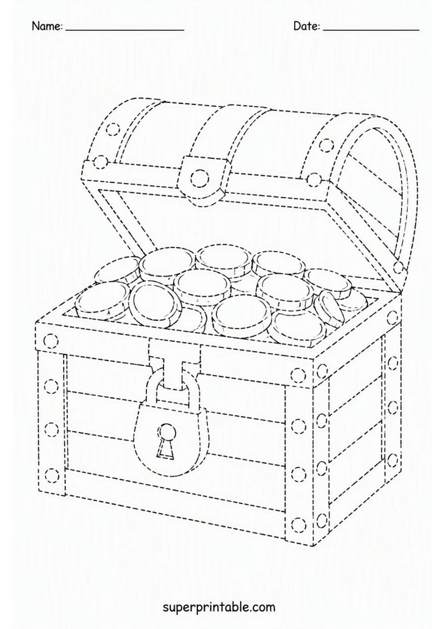 Printable treasure chest filled with coins using dotted lines.