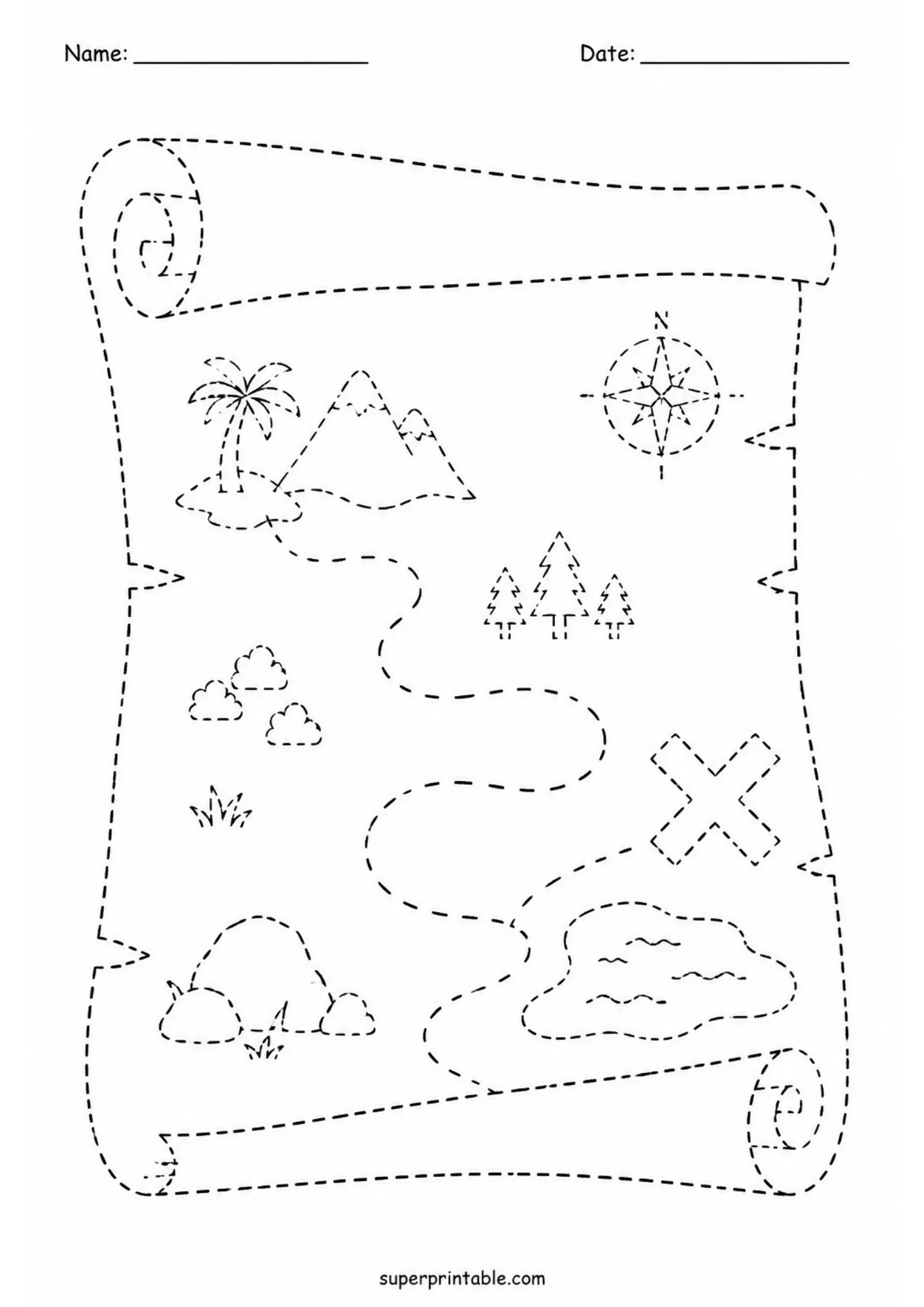 Dashed line treasure map with an X marking the spot to trace.