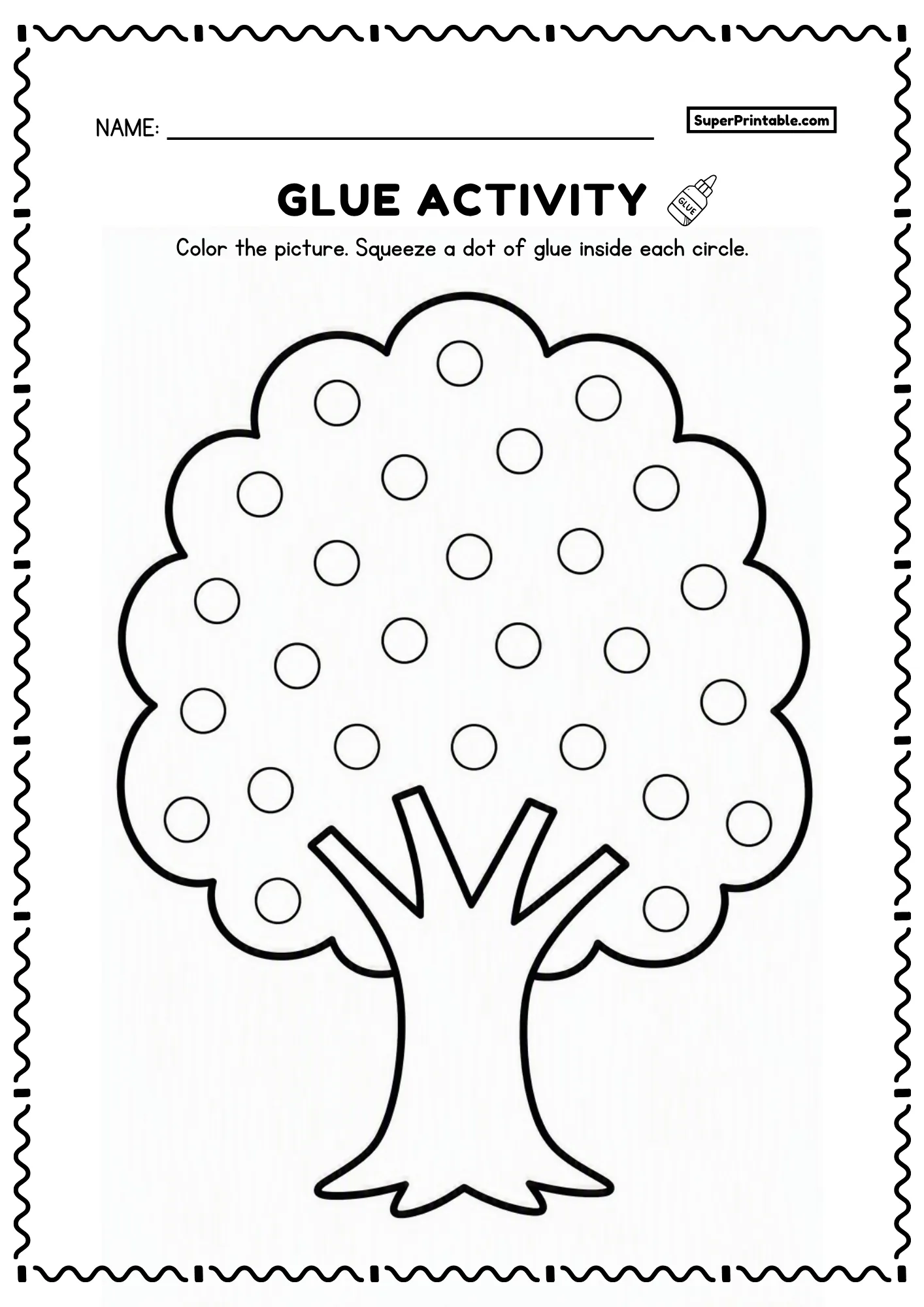 Tree dot glue nature garden worksheet with round canopy and dot circles for preschoolers