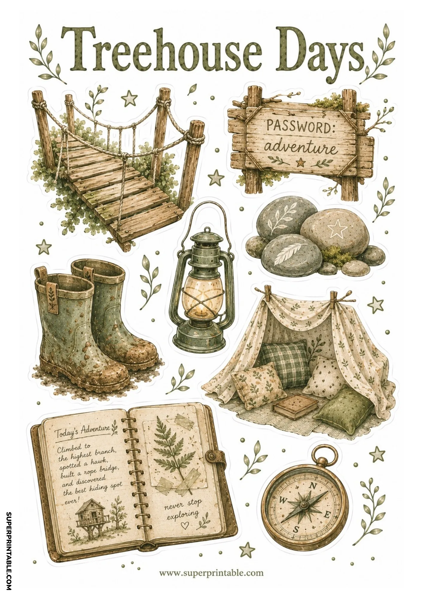 Wooden rope suspension bridge with adventure journal, brass compass, hurricane lantern, and muddy boots.