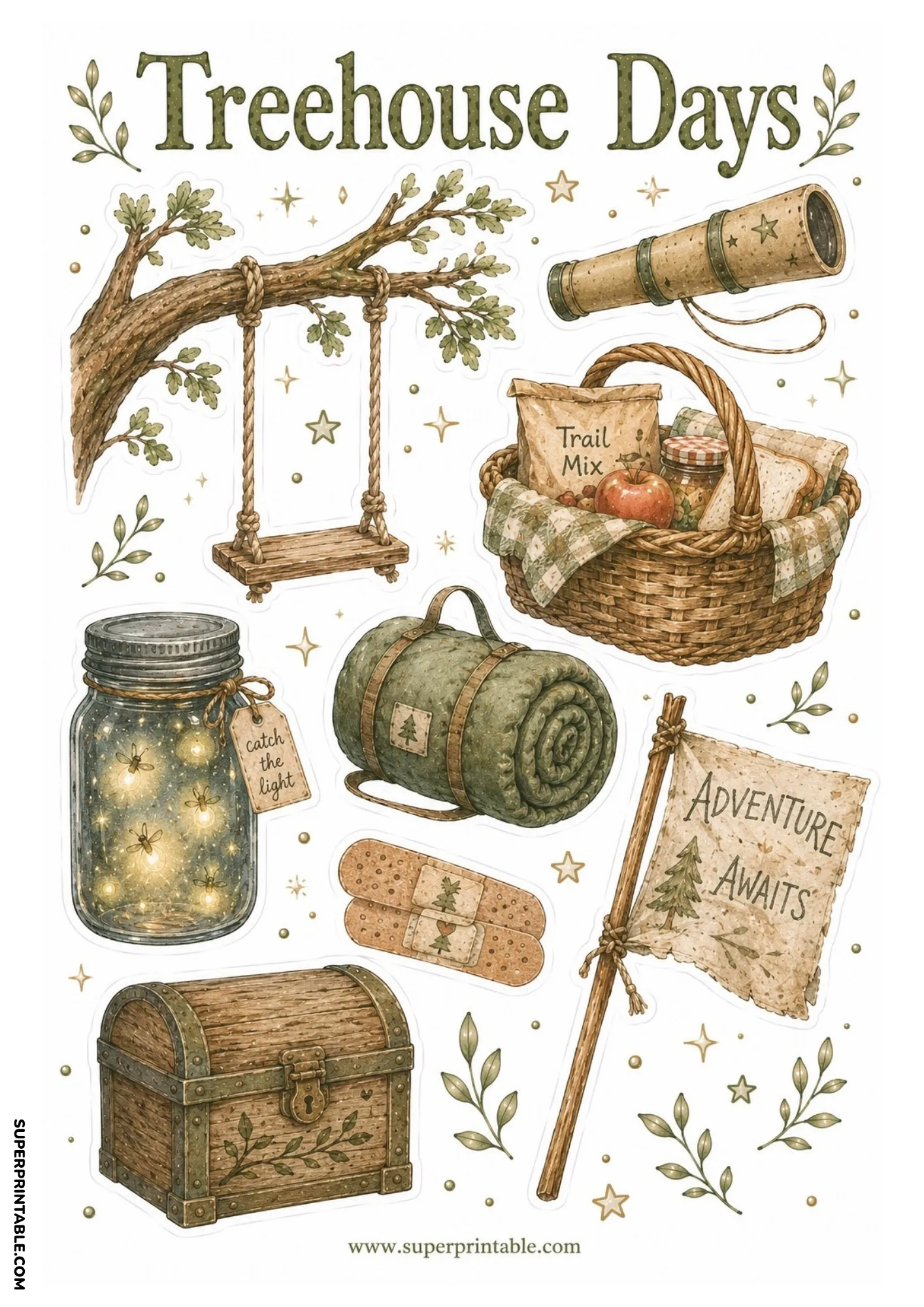 Rope swing on tree branch with spyglass, picnic basket, firefly jar, sleeping bag, flag, and wooden chest.
