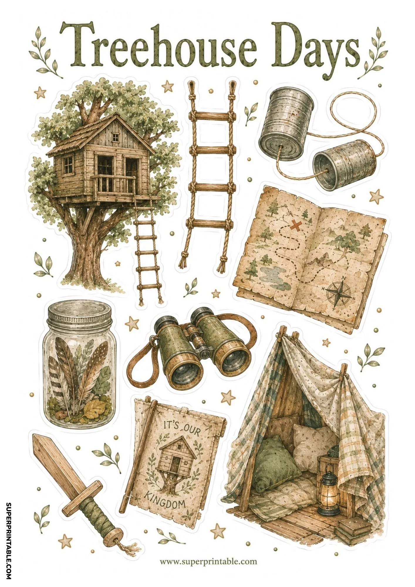 Wooden treehouse in an oak tree with a tin can telephone, treasure map, binoculars, wooden sword, and fort.