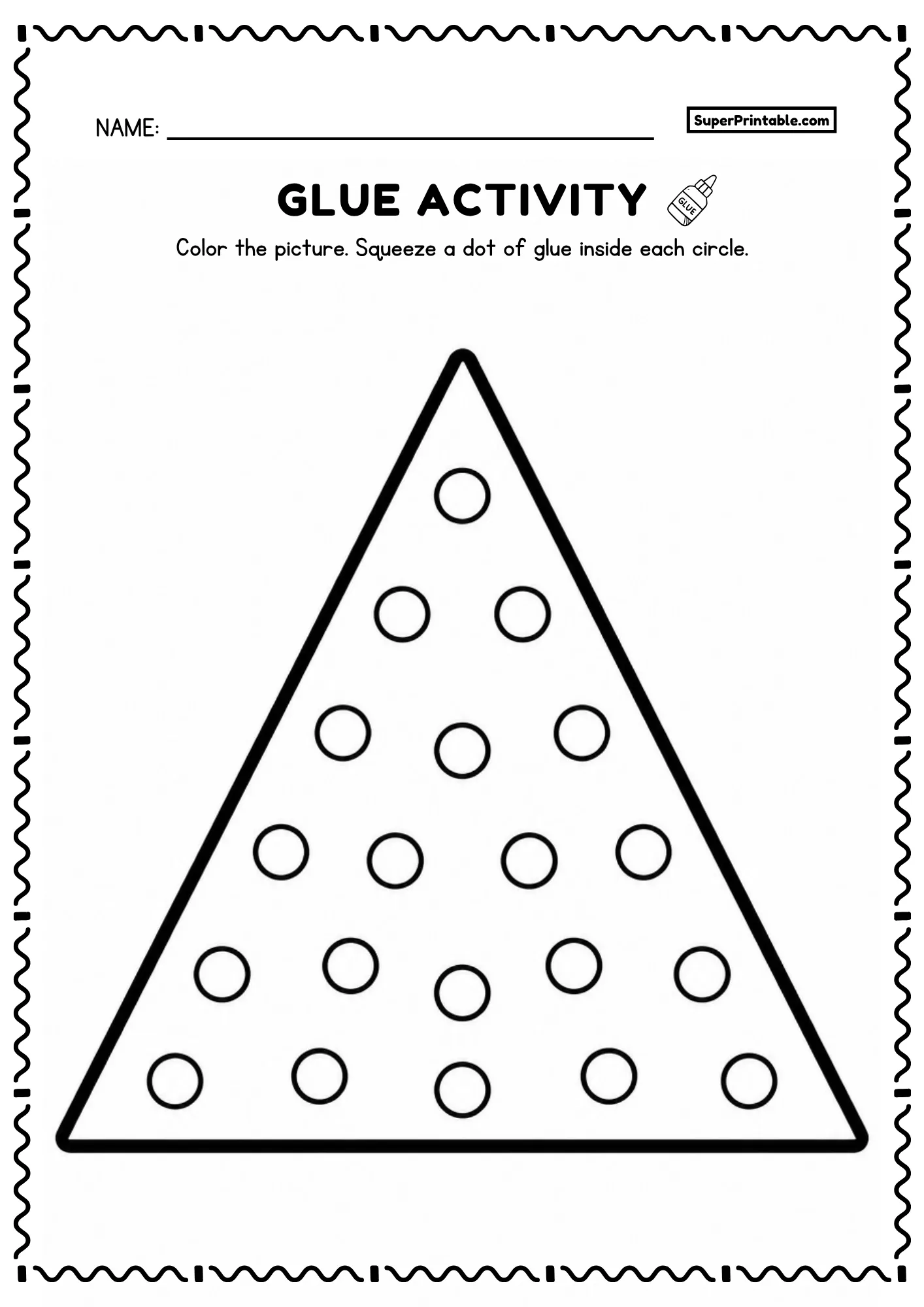 Triangle shape filled with small circles for a hands-on preschool glue worksheet