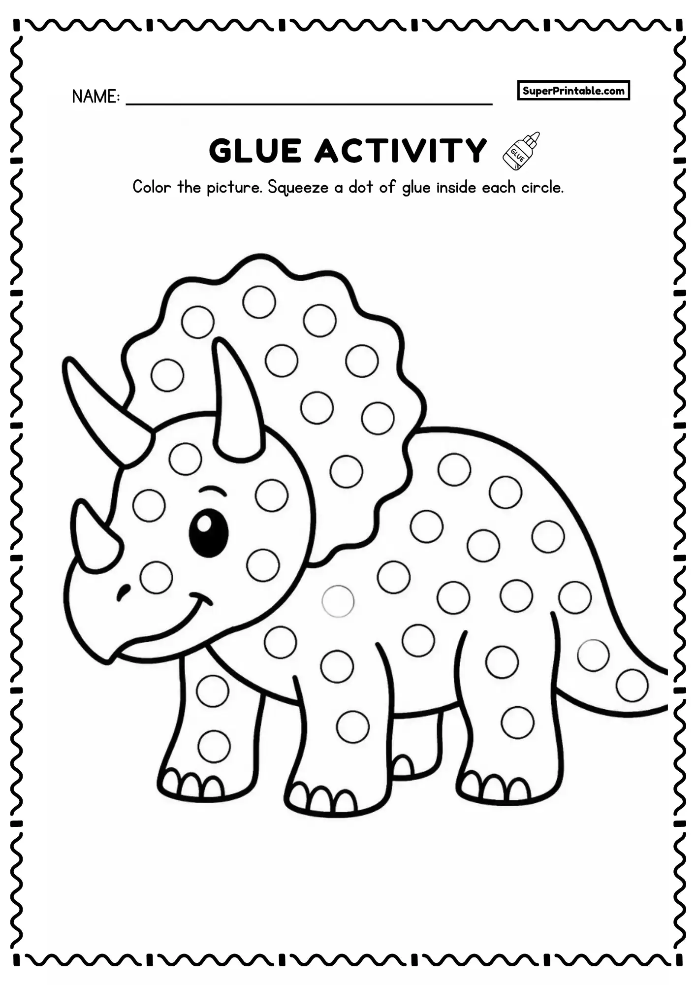 Triceratops dot glue dinosaur worksheets activity with circles for preschool kids