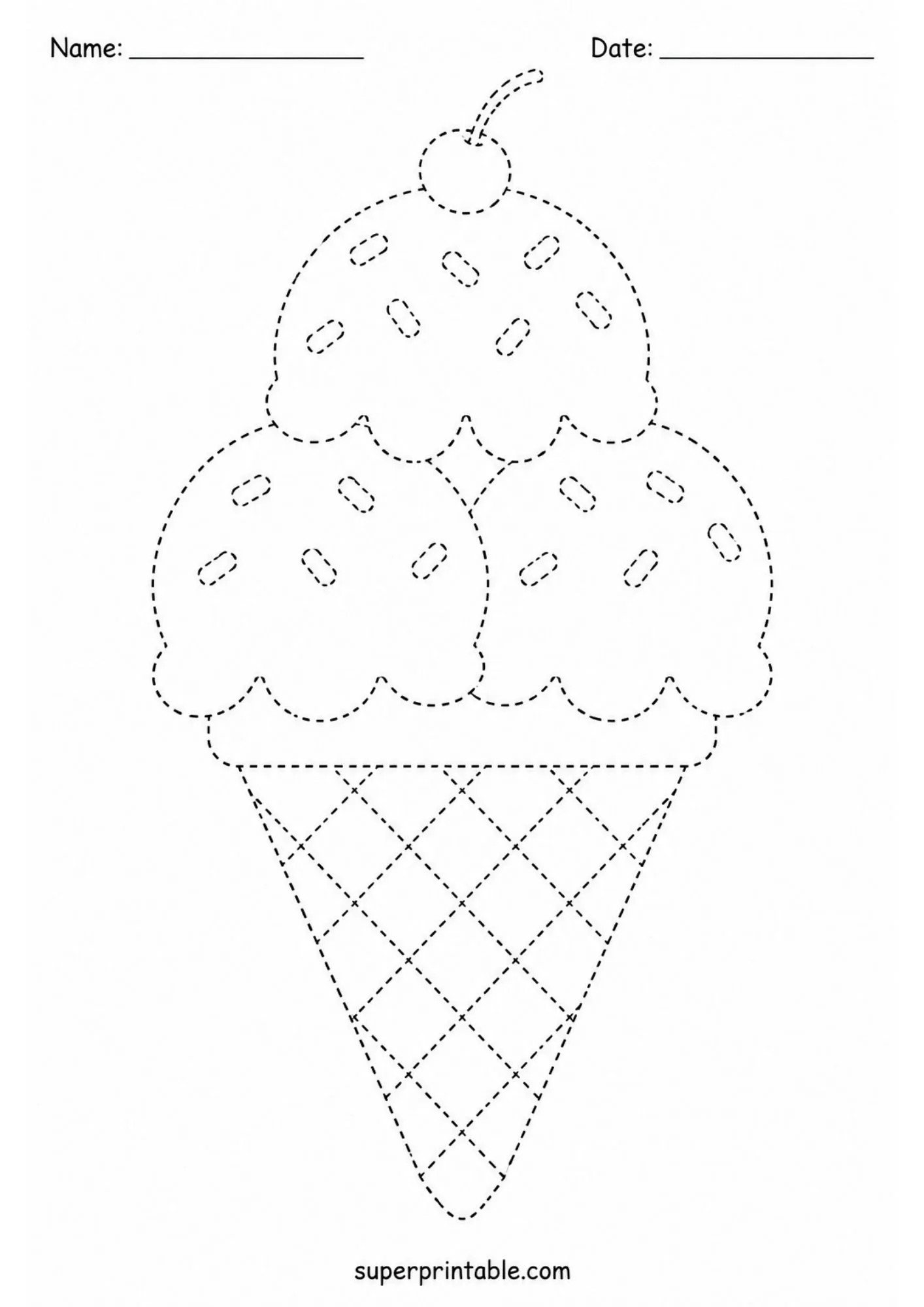 Tracing worksheet featuring a triple scoop ice cream cone with sprinkles and cherry.