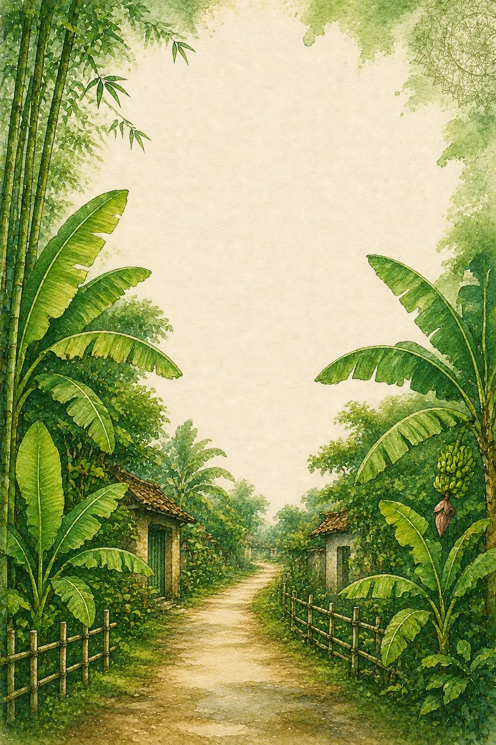 Lush tropical green watercolor border with large banana palm trees framing a rural country path.