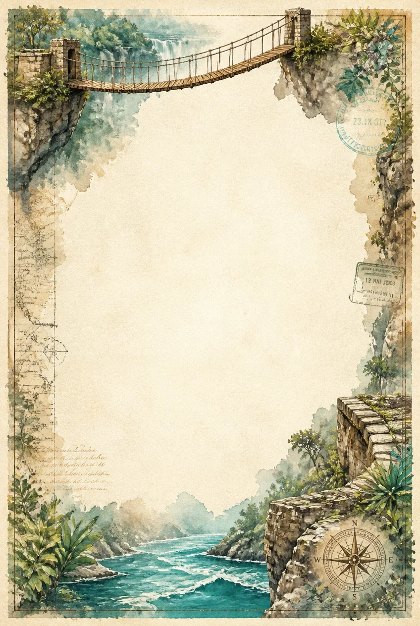Jungle canyon rope bridge page border with tropical waterfall and vintage travel compass.