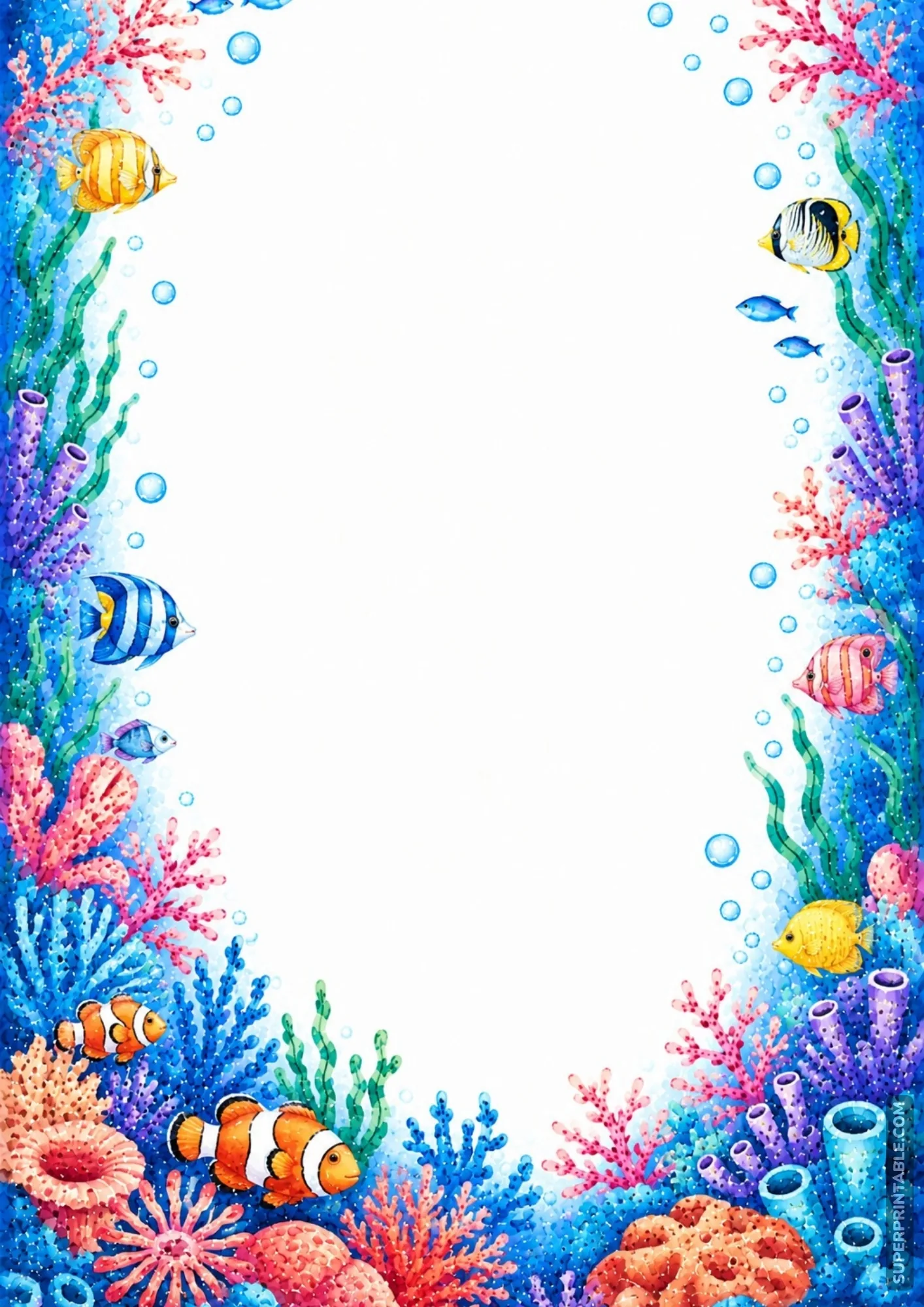 Colorful tropical fish and coral reef frame surrounding a blank page center.