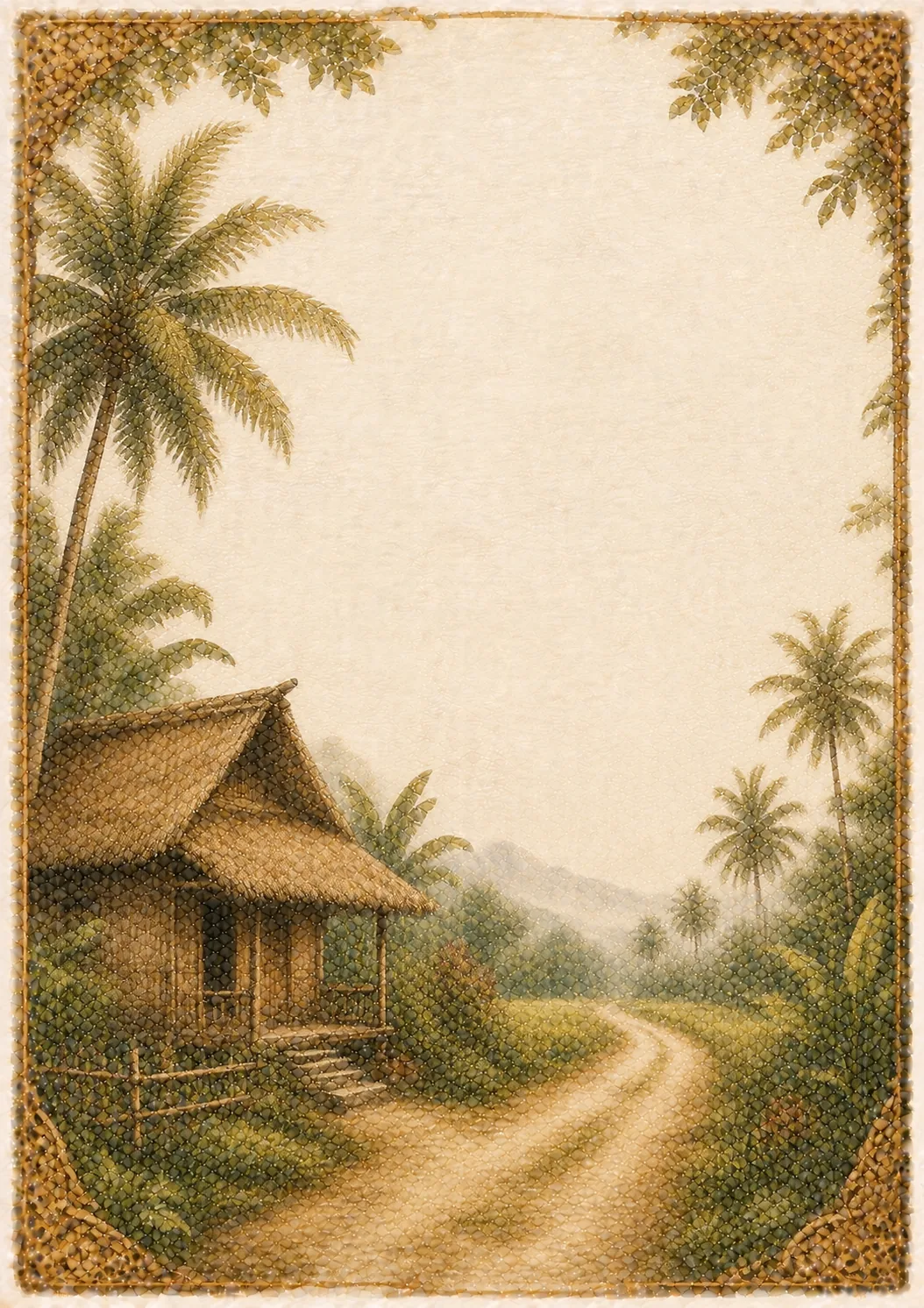 Traditional thatched-roof Balinese hut beside a winding dirt road under towering coconut palm trees.
