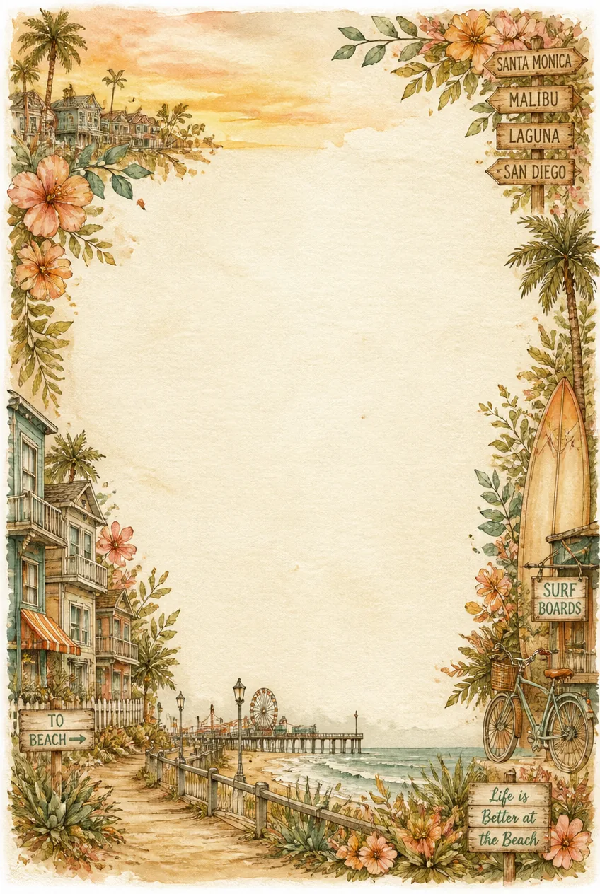 Beachfront palm huts and sandy shores watercolor wash border around plain cream paper.