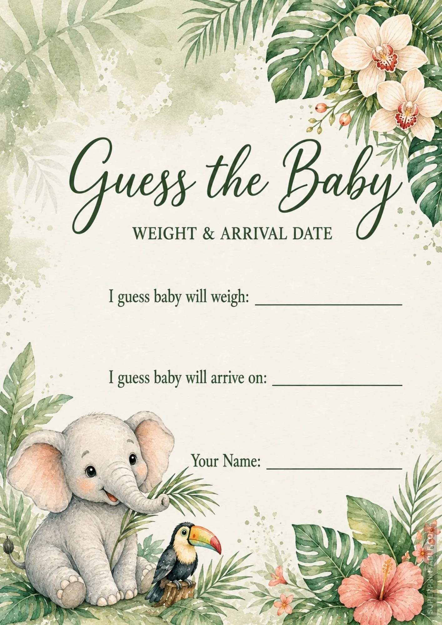 Tropical jungle baby shower game card featuring a baby elephant, toucan, and lush monstera leaves.