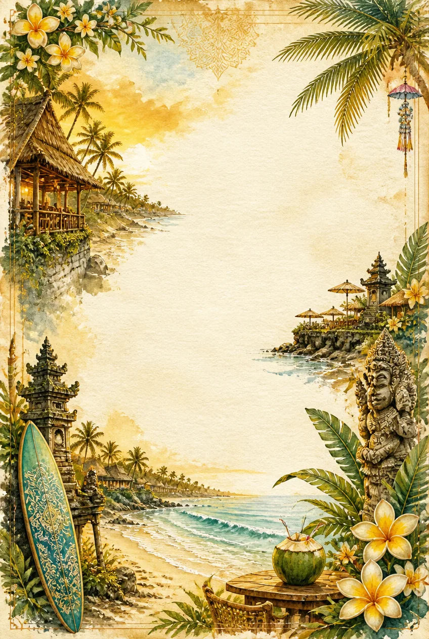 Tropical lagoon homes and palm trees watercolor wash framing an open ivory writing panel.