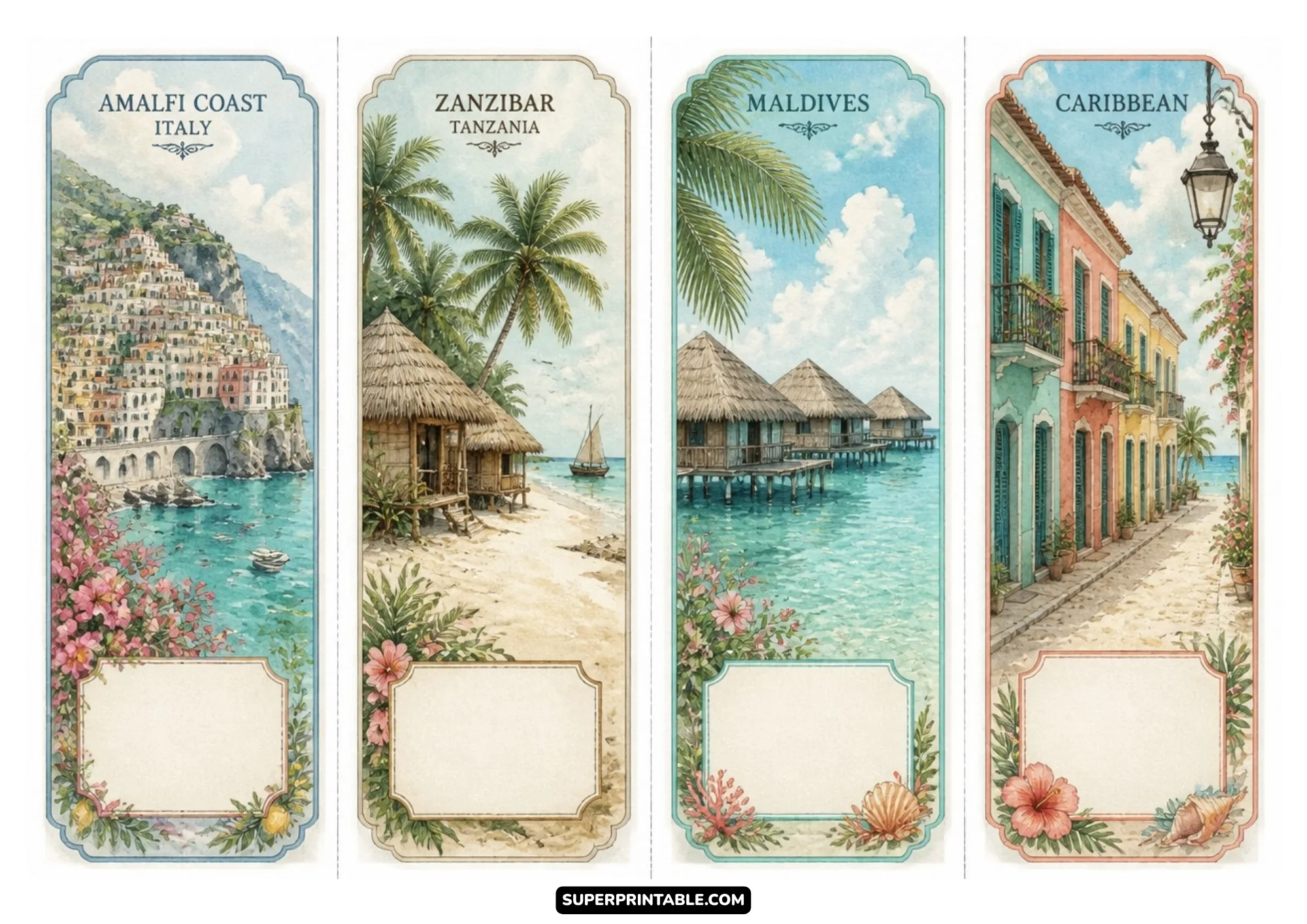 Tropical island watercolor bookmarks depicting Amalfi Coast, Zanzibar, Maldives bungalows, and Caribbean streets.