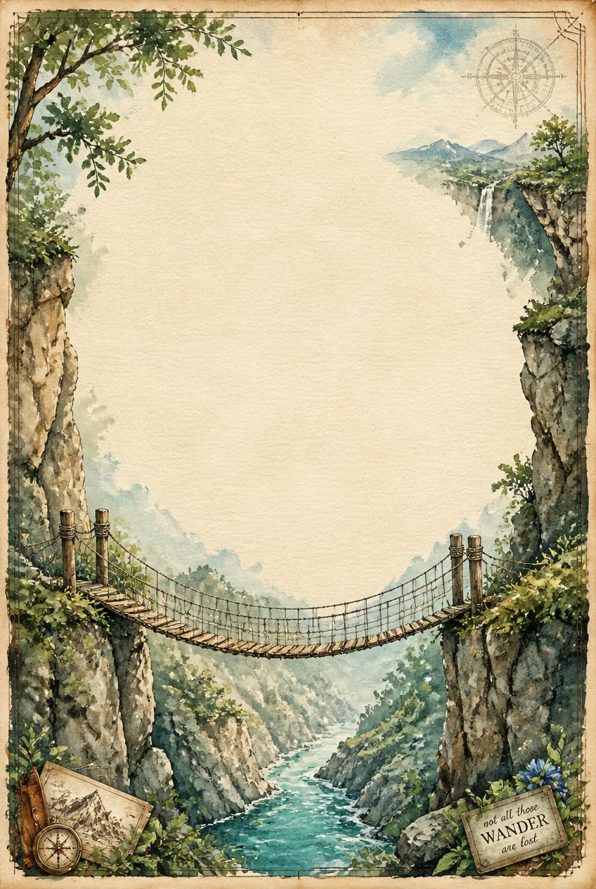 Tropical river suspension bridge watercolor border with jungle foliage and waterfall.
