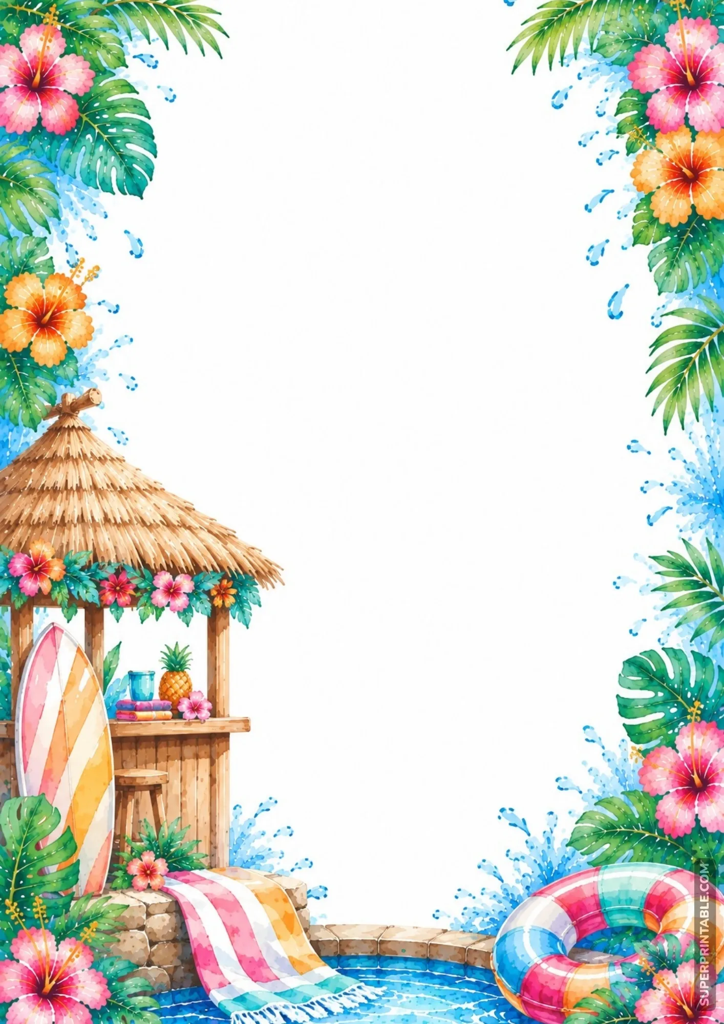 Summer tropical border with a wooden tiki hut, surfboard, beach towel, and pool float.