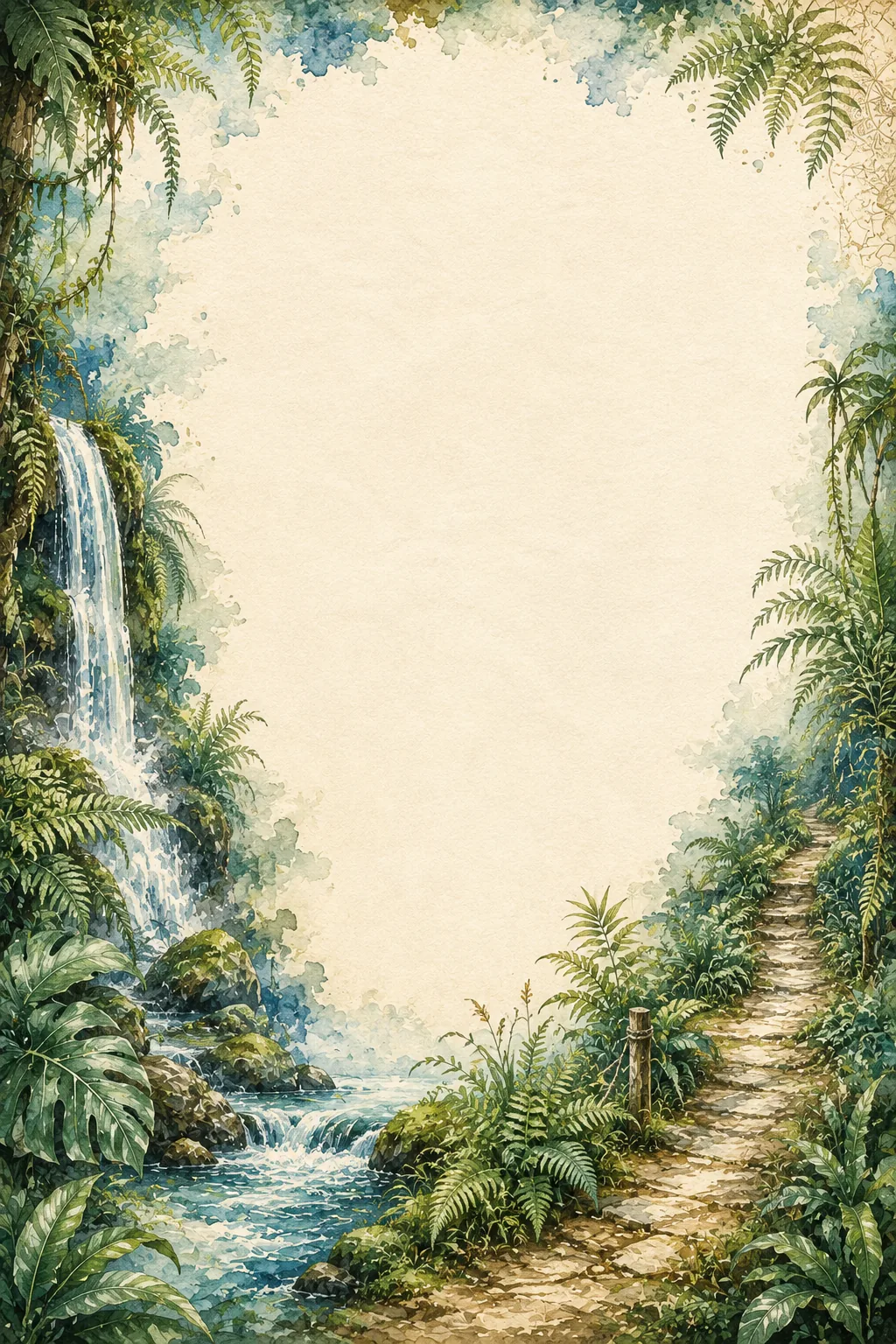 Cascading tropical waterfall and stone jungle walkway framed by vibrant green fern fronds.