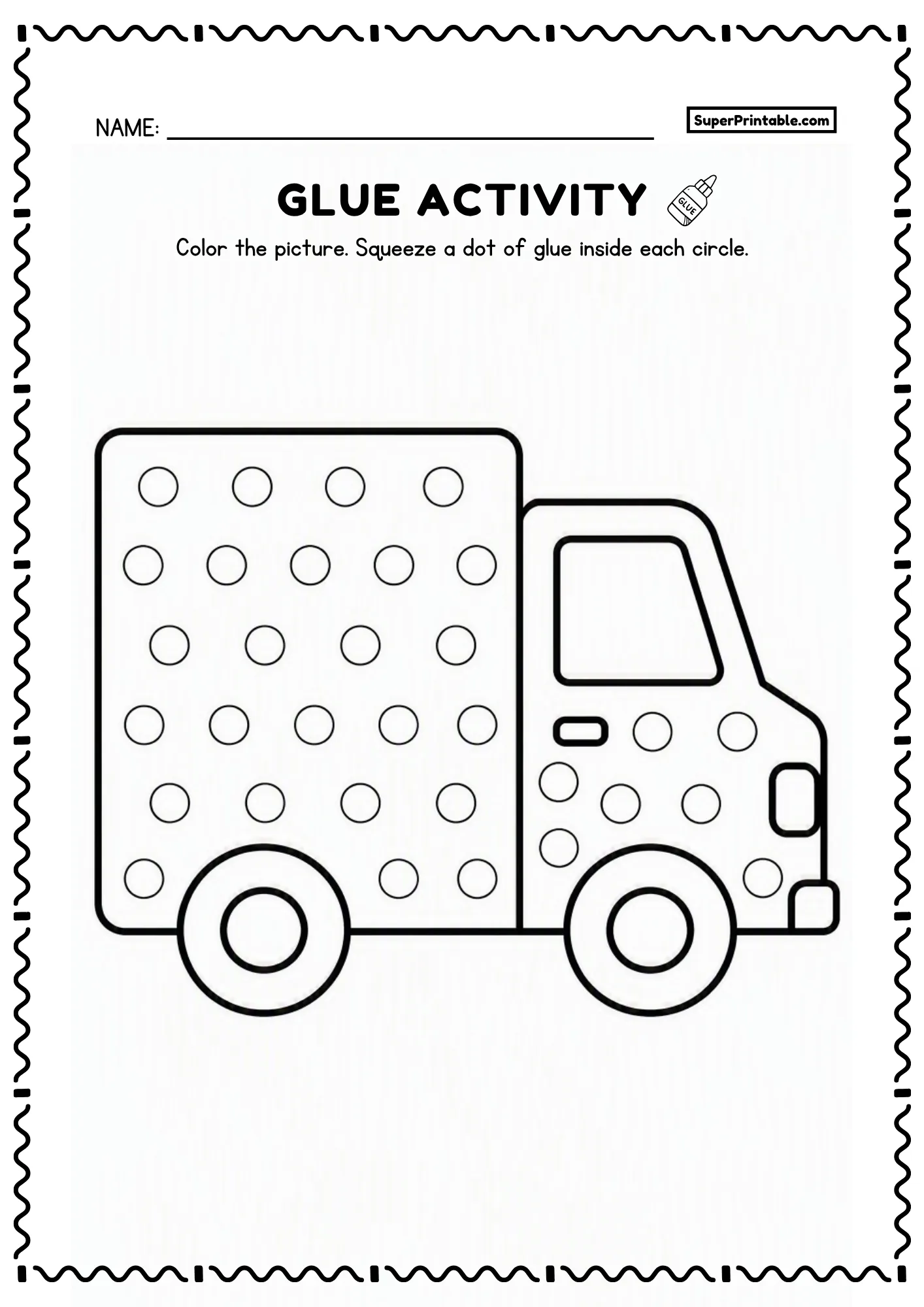 Truck coloring worksheet with glue dot circles across the cargo box and vehicle cab