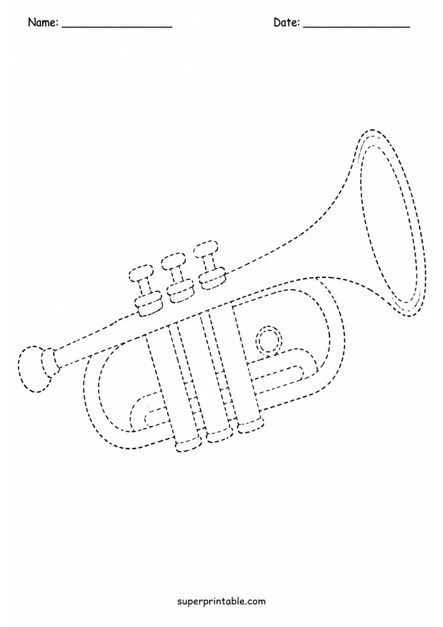 Dotted line drawing of a trumpet for our instrument tracing pages.