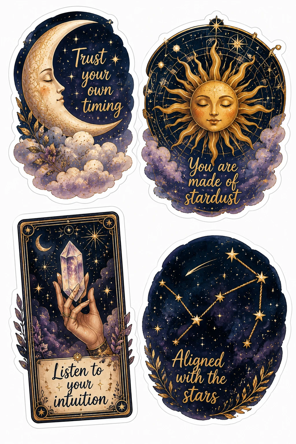 Trust Own Timing Stardust Aligned Stars Sheet featuring celestial aesthetic, cosmic magic, moon phases, tarot cards, and astrology.