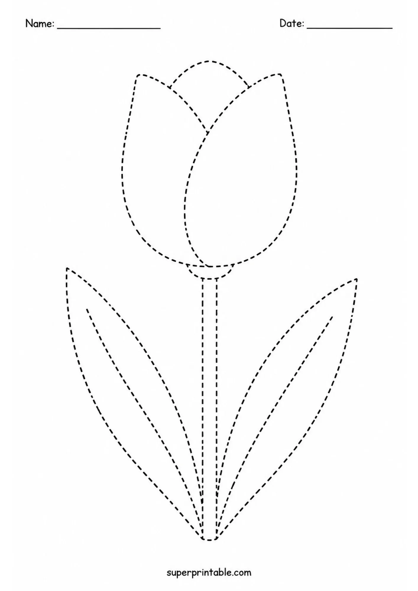 Printable tulip flower with dotted lines for tracing practice.