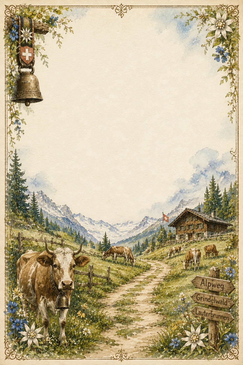 Swiss Alpine Meadow and Mountain Chalet Border Page 01