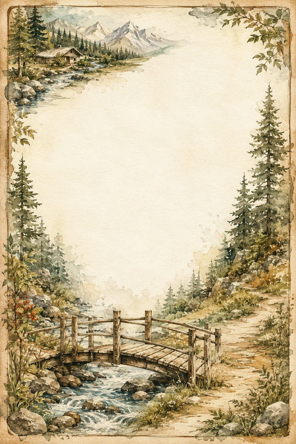 Swiss Alpine Stream and Wooden Footbridge Border Page 04