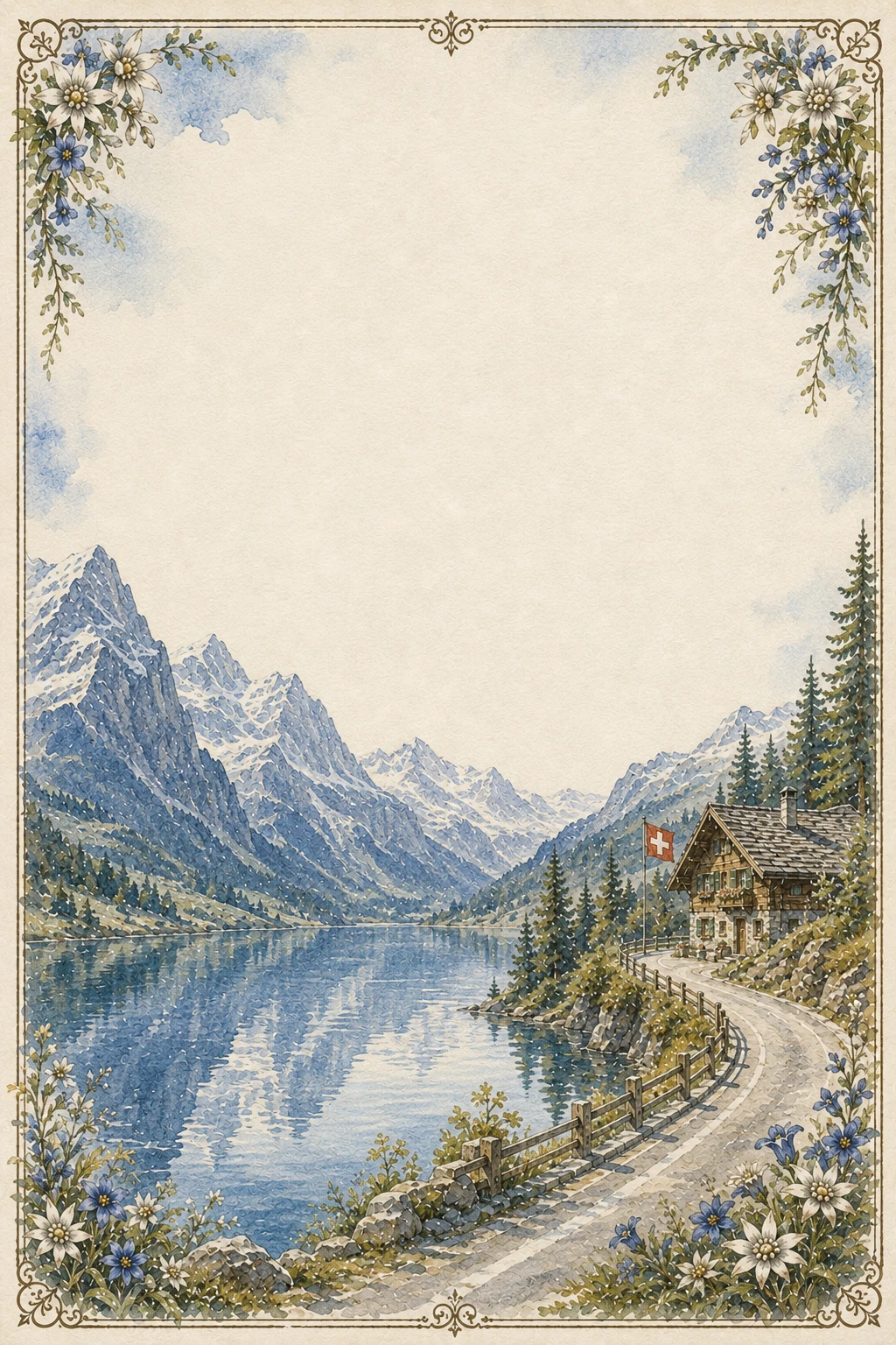 Swiss Alpine Lake and Snow-Capped Mountains Border Page 03