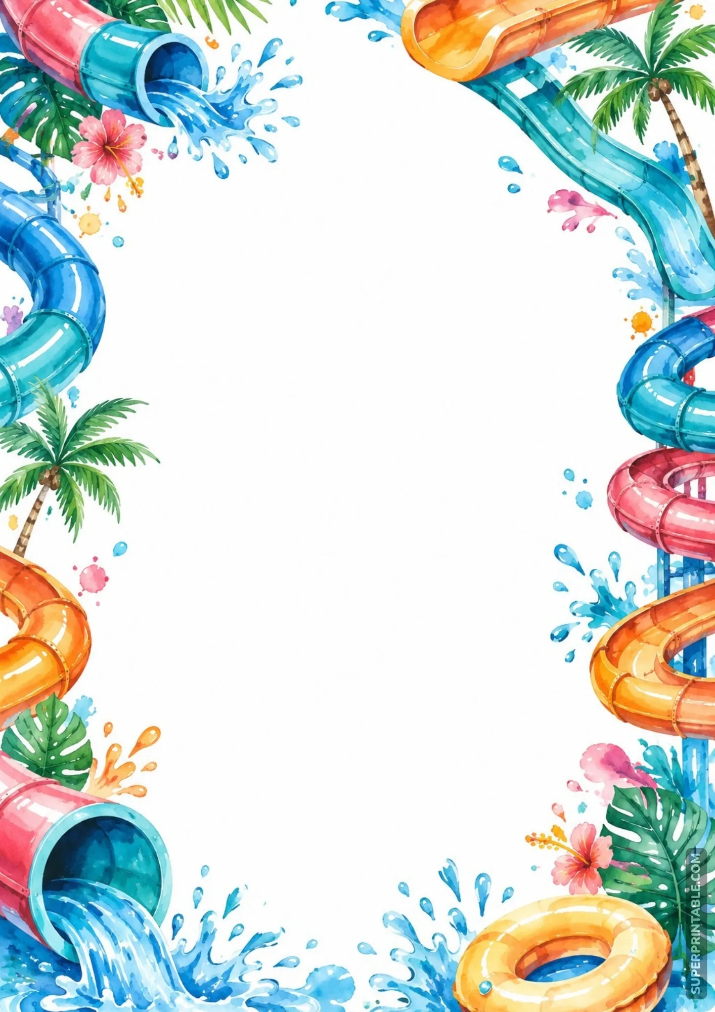 Colorful twisting water slides border with tropical palm leaves and splashy pool floats.