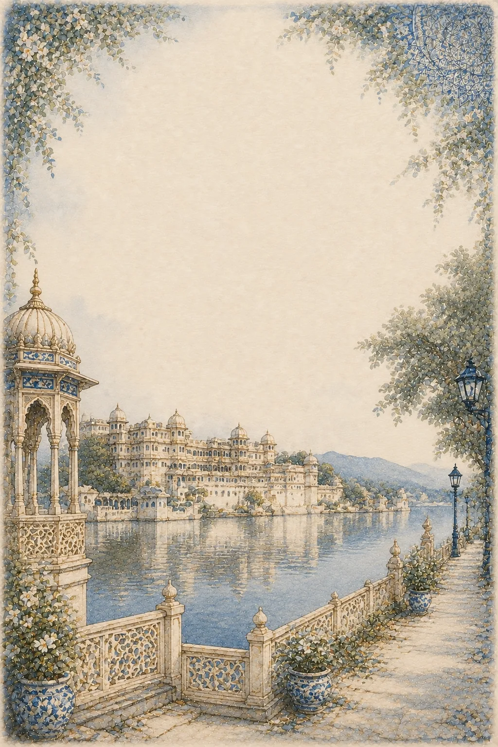 Tranquil lakefront view of Udaipur palace reflection framed by intricate marble railings.