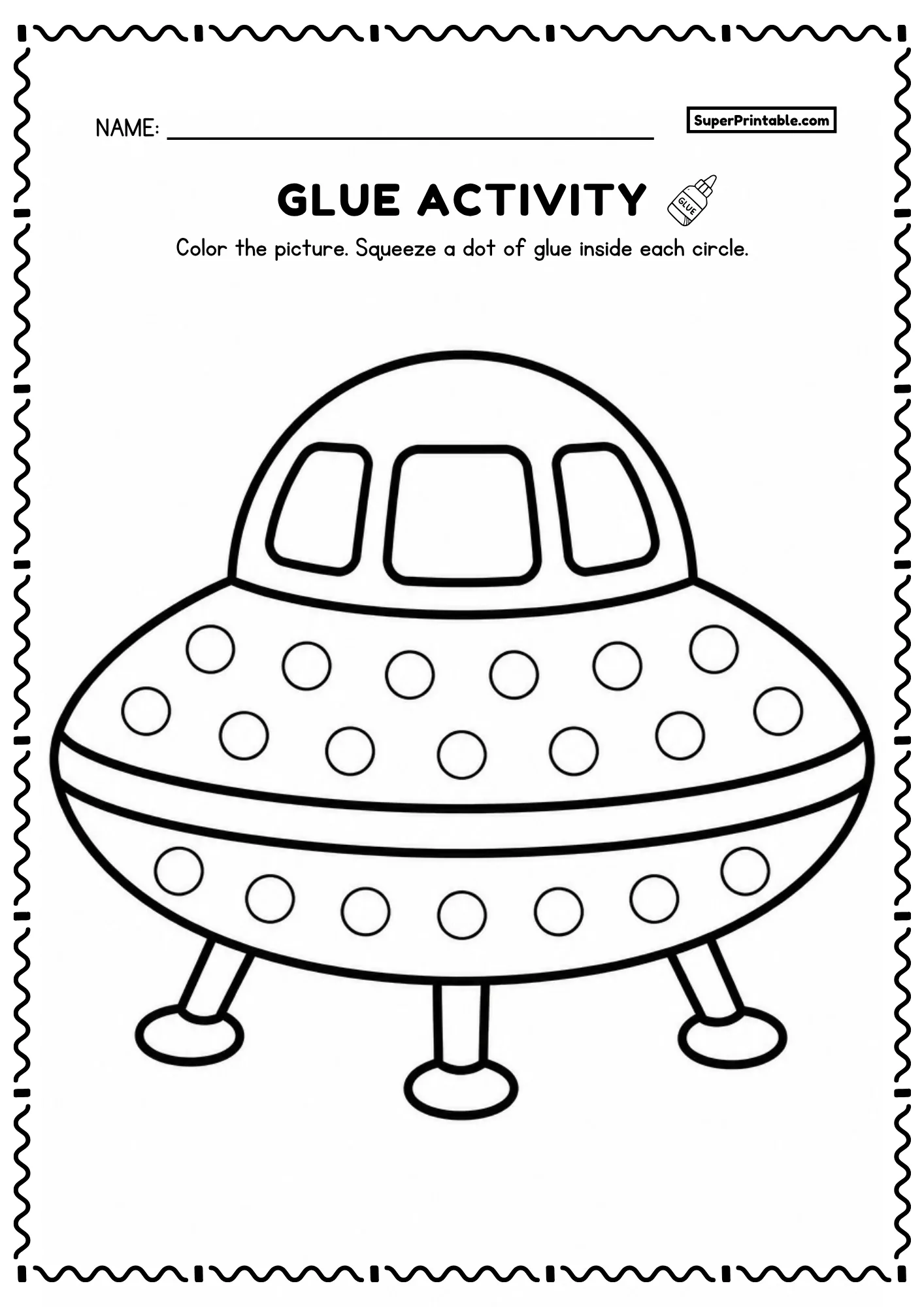 UFO flying saucer worksheet with glue circles and simple bold outlines for kids