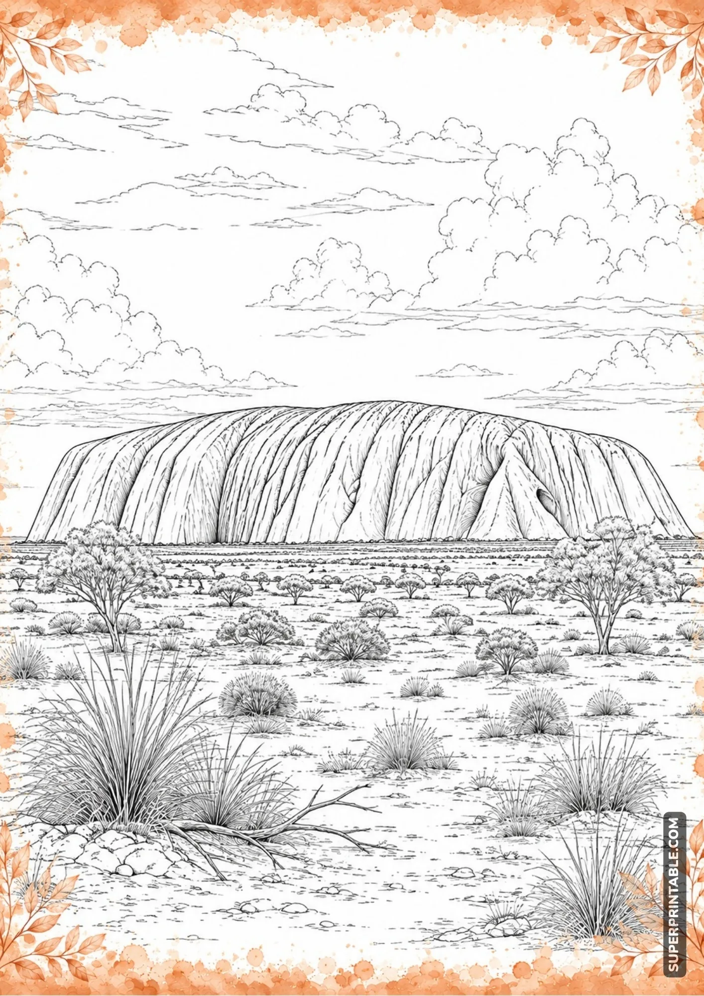 Uluru in the Australian outback with desert plants and distant mountains