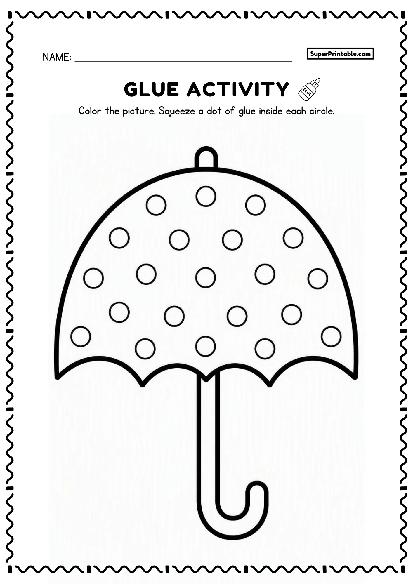 Open umbrella glue activity with circles across the canopy for preschool children