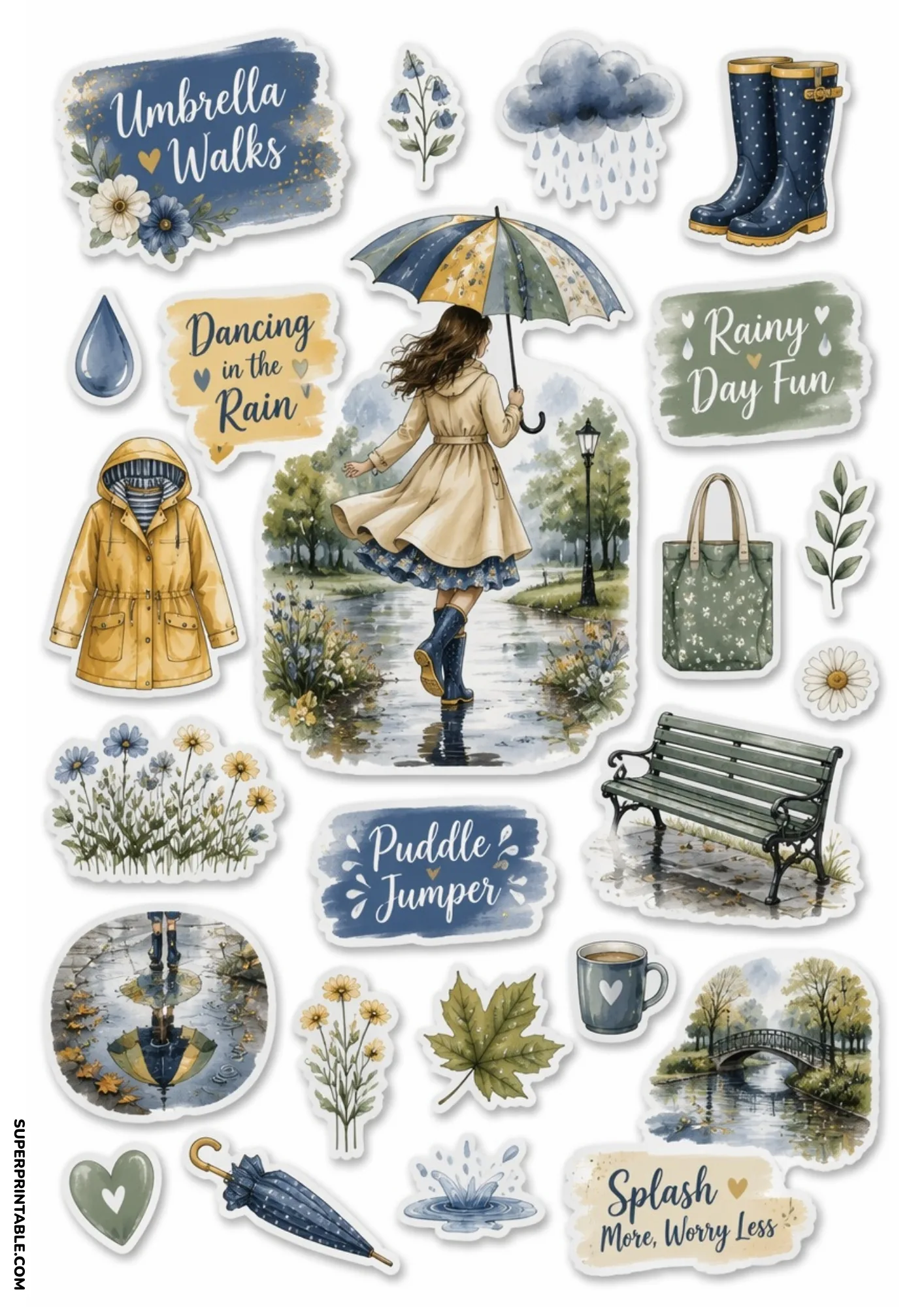 Rainy park walk stickers featuring a woman twirling with a umbrella along a wet park path.