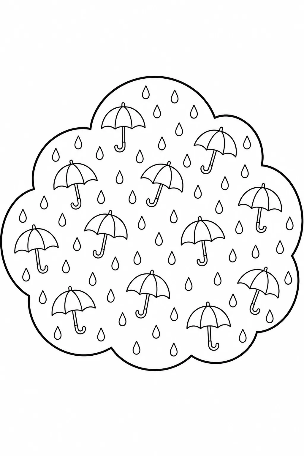 Cloud outline filled with a pattern of open umbrellas and falling rain.