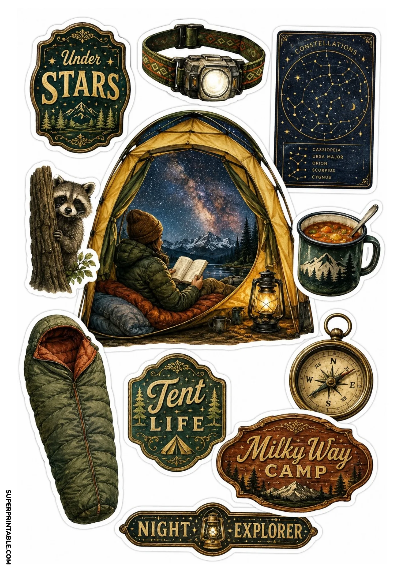 Night camping sticker sheet featuring a cozy illuminated tent, constellation chart, headlamp, sleeping bag, peeking raccoon, and star badges.